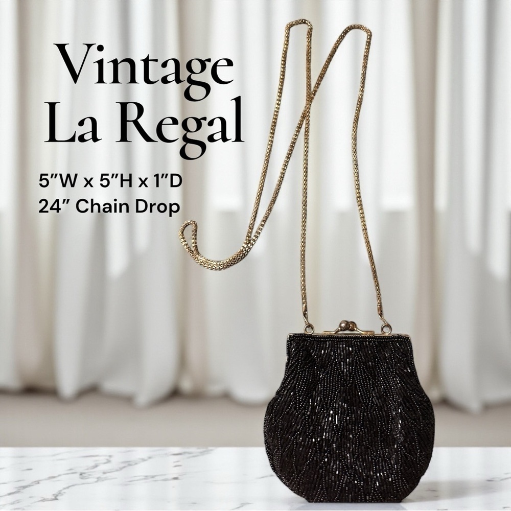 Vintage La Regal Black Mini Beaded Elegant Evening Bag Gold Chain Kiss Lock